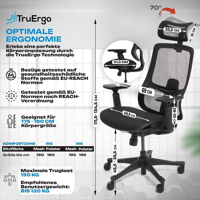 Ергономічне офісне крісло M5, переможець тесту, регульована по висоті спинка та регульована глибина сидіння, пінний матеріал для сидіння, письмове крісло для здорової спини, навіть для високих людей, крісло керівника з м&39яким сидінням M5 (чорне)