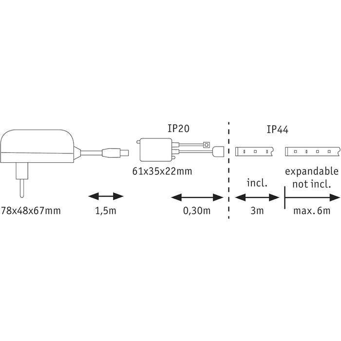 Світлодіодна стрічка MaxLED 250 Базовий набір 3м з покриттям IP44 11 Вт 810 лм регульована біла 24 ВА смуга з можливістю затемнення пластик 2700 K, 79877