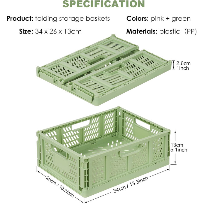 Міцні складні пластикові коробки, розкладні кошики, кошики для зберігання, штабелювані транспортні коробки для кухні, спальні, офісу, рожеві зелені, 4