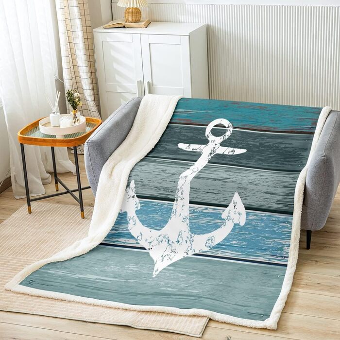 Плед Tbrand Anchor 130x150 см, морська тематична ковдра, вінтажна, зношена, вивітрена, сільська, м&39яка ковдра, розкішна фланелева флісова ковдра, бірюзовий колір, синій