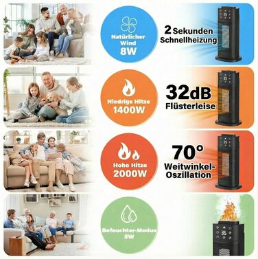Керамічний вентилятор-обігрівач з ефектом полум&39я та зволожувачем повітря, електричний обігрівач потужністю 2000 Вт, енергозберігаючий та тихий, потужний електричний обігрівач для офісу та спальні, ідеально підходить для обігрівача кімнати