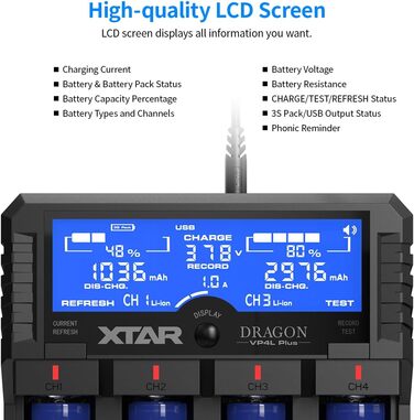 Зарядний пристрій для акумуляторів XTAR Dragon VP4L Plus 18650 21700 для літій-іонних акумуляторів 3,6 В/3,7 В, нікель-металгідридних акумуляторів 1,2 В типу AA/AAA та нікель-металгідридних акумуляторів 11,1 В 3S. Перевірте стан вашого акумулятора.