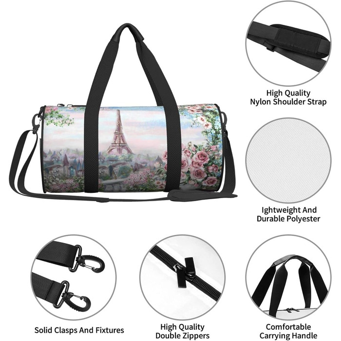 Спортивна сумка, дорожня сумка, стильний принт Ейфелевої вежі, Париж, сумка для подорожей на вихідні, чорна, універсальний розмір
