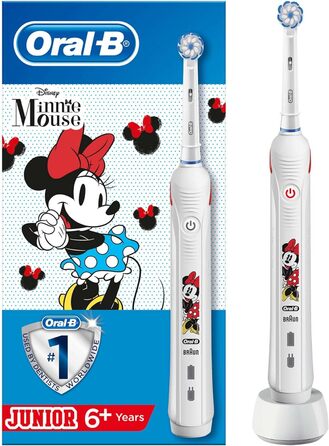 Електрична зубна щітка Oral-B Junior Minnie Mouse для дітей віком від 6 років, м'яка щетина та візуальний контроль тиску для додаткового захисту ясен, 2 програми чищення в т.ч. Чутлива, таймер, біла Мінні Маус Одиночна