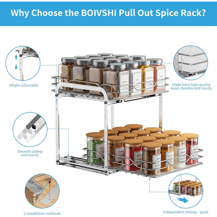 Висувна полиця для спецій, 2 рівні, нержавіючий органайзер для полиць для спецій, верхній та нижній кошики можна висувати окремо, регульована висота для шафи, Ш23,8*Г26,4*В24 см