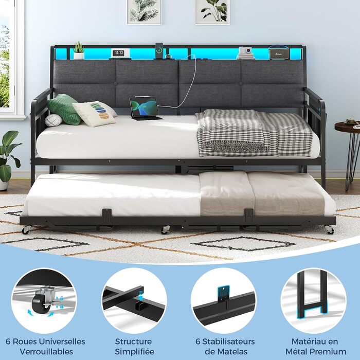 Розкладний диван-ліжко з висувним ліжком, кушетка 90x200(180x200) см, розкладна кушетка зі світлодіодним освітленням та зарядною станцією (2 розетки змінного струму, 2 порти USB), односпальне та двоспальне ліжко, гостьове ліжко сірого кольору 90x200 см/18