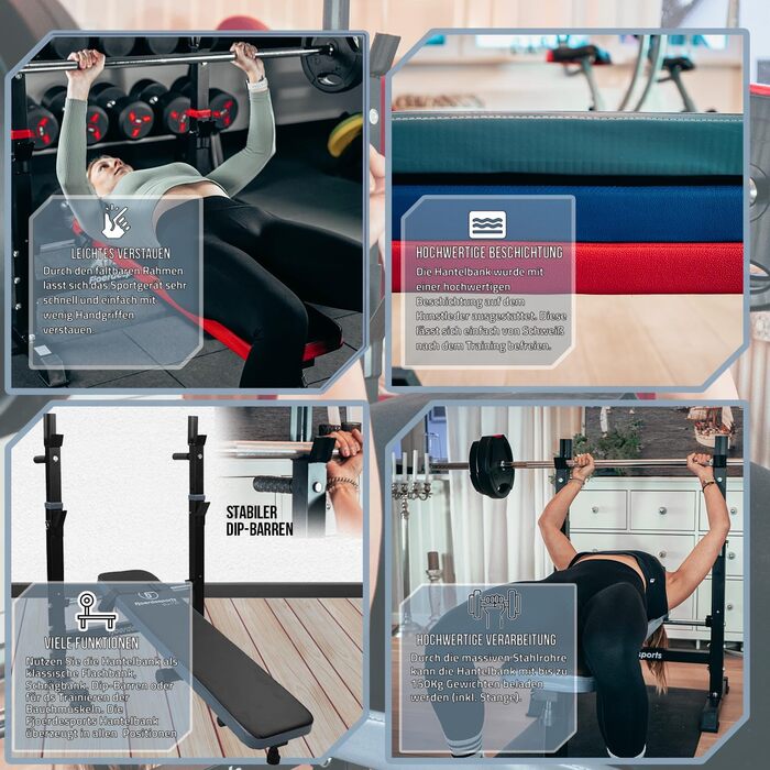 Силова лава з місцем для зберігання, регульована висота та складна, важка атлетика, домашні тренування, домашній спортзал, станція для віджимань, фітнес-студія, багатофункціональна тренувальна лава червона/чорна