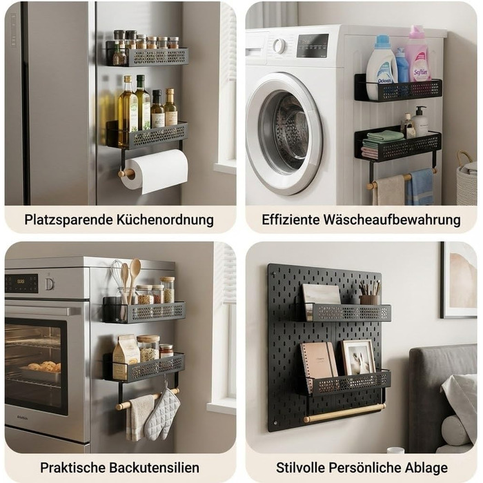 Набір магнітних підставок для спецій, 4 предмети (2 великі 2 маленькі) - Зі штангою для кухонного паперу, надзвичайно сильним магнітом, не потребує свердління - Універсальний органайзер для спецій для холодильника, кухні та стіни