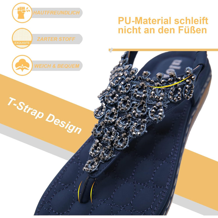 Жіночі літні шльопанці богемного крою на плоскій підошві зі стразами, розмір 36-42 41 EU, темно-сині