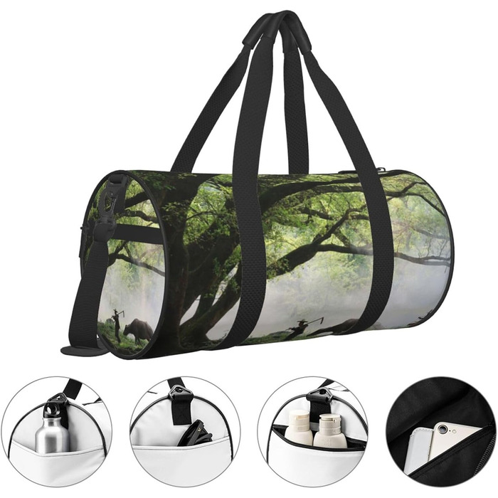 Спортивна сумка, дорожня сумка, дизайн старе дерево, тварини, пейзажний принт, сумка на нічліг, чорна, універсальний розмір, дорожня сумка