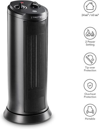 Керамічний вентилятор-обігрівач TROTEC TFC 19 E Теплова потужність 1200 Вт / 2000 Вт Обігрівач з термостатом, розмір приміщення від 24 м до 60 м, функція коливання 70