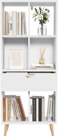 Книжкова полиця EUGAD, книжкова шафа, перегородка для кімнати, полиця для файлів, полиця для зберігання, окремостояча полиця з шухлядою та ніжками, виготовлена з МДФ, 6 полиць, біла, 50x1224 см