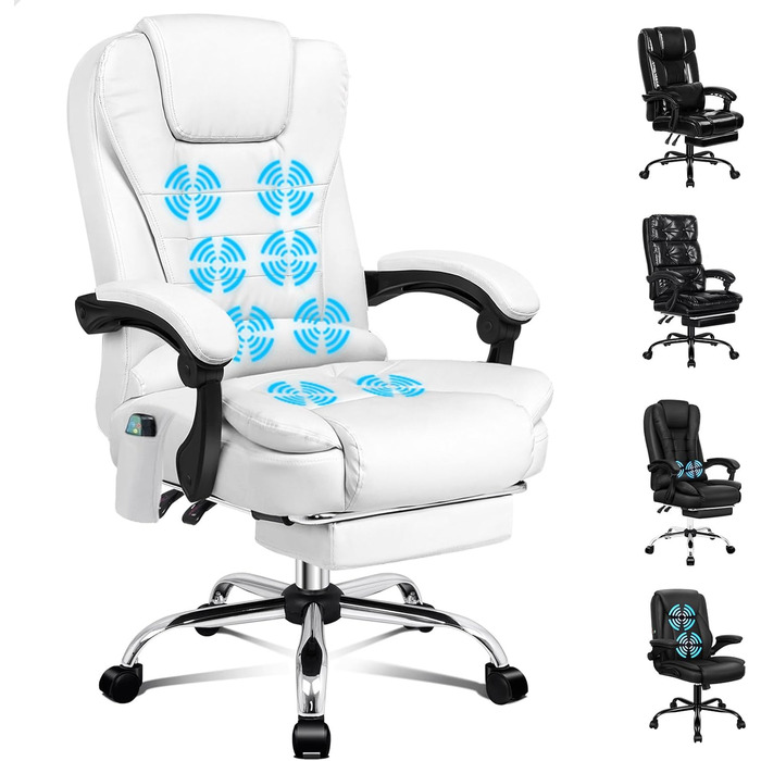 Офісне крісло ALFORDSON з ергономічною поперековою опорою, письмове крісло з підлокітниками та спинкою, обертове крісло з функцією масажу, матеріал PU, регульована висота, білий колір, штучна шкіра