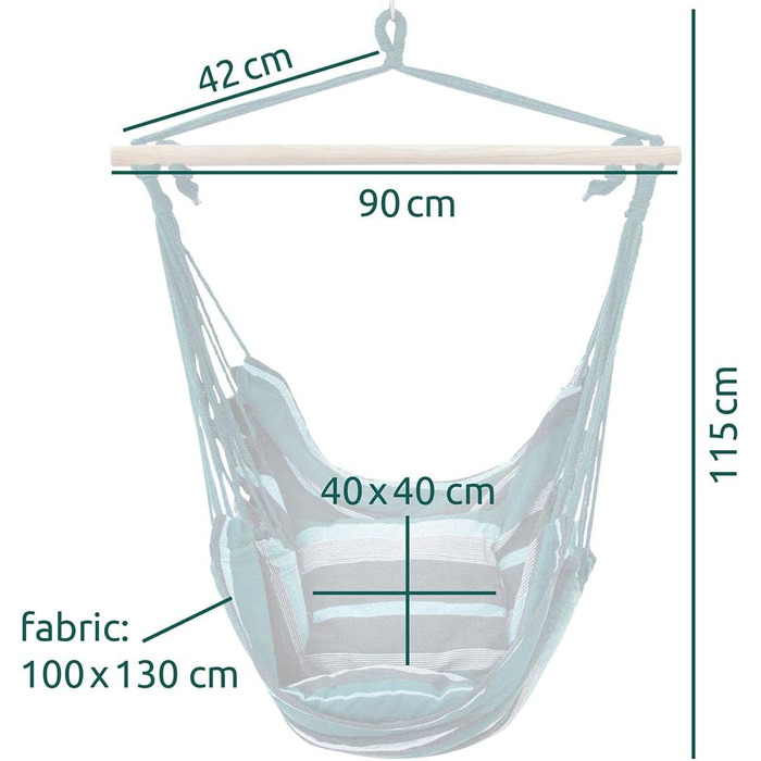 Підвісне крісло з 2 подушками - Гамак для сидіння - Вибір кольору смарагдовий (зелений) або аквамариновий (синій) - Сертифіковано TV до 240 кг - Підвісне сидіння, гойдалка, крісло-гойдалка на 360