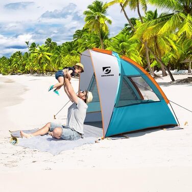 Пляжний намет UNC для 2-3 осіб захист від сонця UPF 50, водонепроникна підлога з поліетилену та 3 сітчасті вікна, переносний пляжний навіс, легке складання на вулиці (синій)