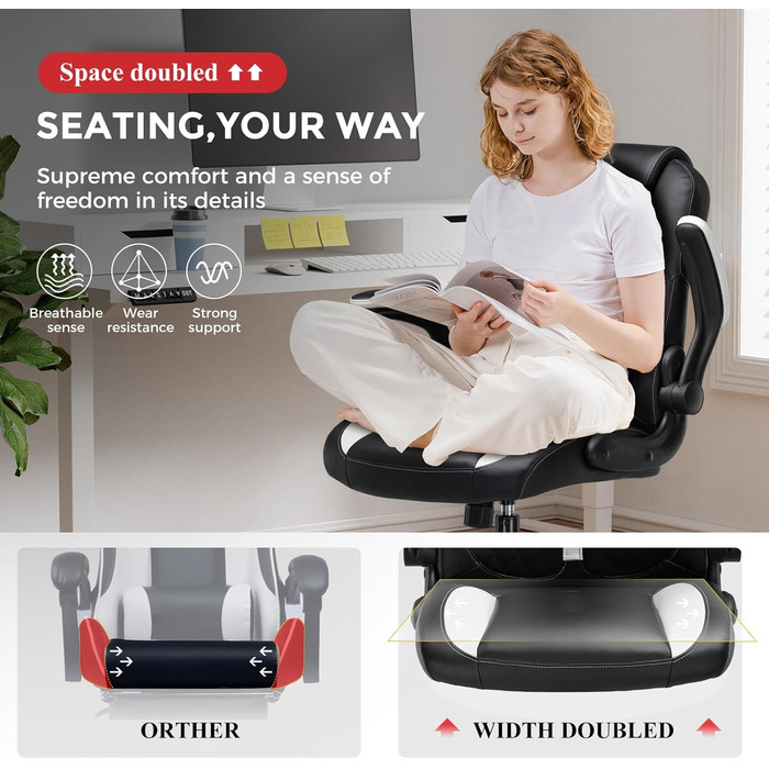 Ігрове крісло GTPLAYER з відкидними підлокітниками, ігрове крісло з функцією гойдання, ергономічне ігрове крісло для комп&39ютера з губкою високої щільності (біле)