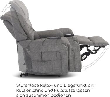 Крісло під телевізор Raburg з підйомником, електричне відкидне крісло з 1 двигуном та пультом дистанційного керування, безступінчасте регулювання, комфортна піна та пружинна основа з кишенькового блоку, мікрофібра, 120 кг Janik Сіра мікрофібра