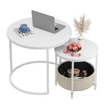 Круглий журнальний столик WLIVE білий, журнальний столик для вітальні з місцем для зберігання, бічний столик з металевим каркасом, журнальний столик для вітальні, спальні, офісу, білий