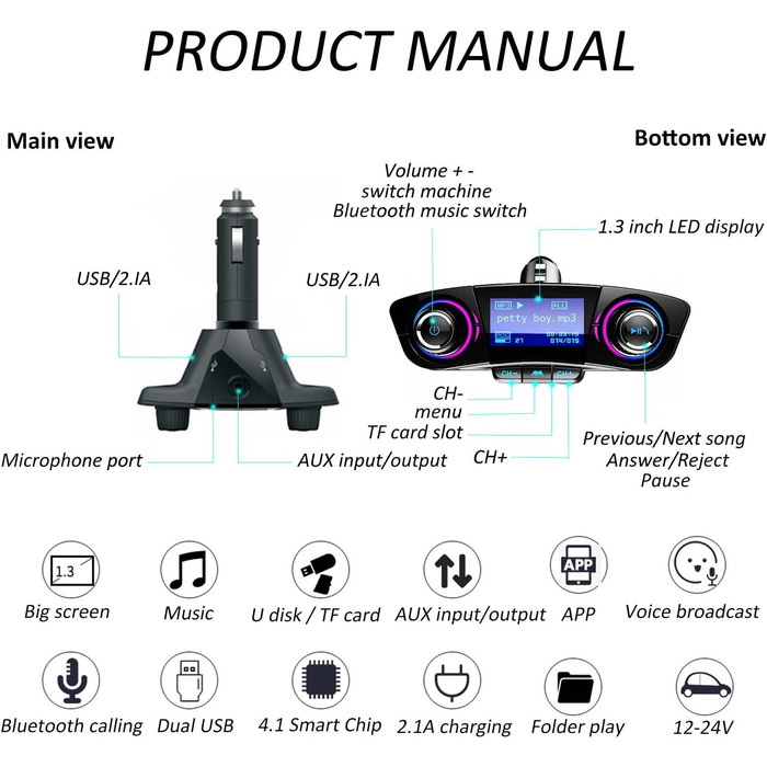 Передавач Bluetooth Автомобільний MP3-плеєр Бездротовий радіоадаптер гучного зв'язку з подвійним USB-U-диском, TF-картою, AUX-вхідним виходом