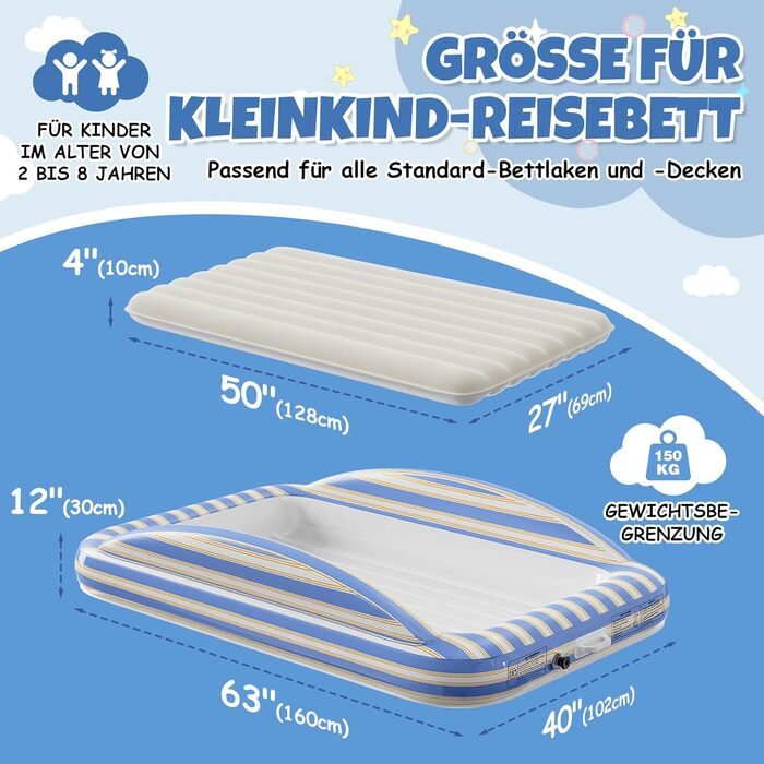 Дорожнє ліжечко/дитяче ліжко з електричним повітряним насосом - Надувне дитяче ліжко з піднятими захисними бортиками, м&39якою флокованою поверхнею, портативне для подорожей, ночівлі та домашнього використання (1 особа)