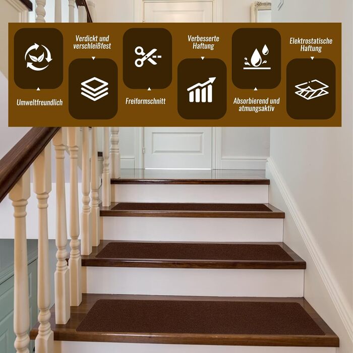 Килимки для сходів, ACESOME 10-штукові зносостійкі килимки для сходів, м&39який та зручний самоклеючий килимок для сходів, прямокутний килимовий покриття для сходів 80 x 20 см (кавовий)
