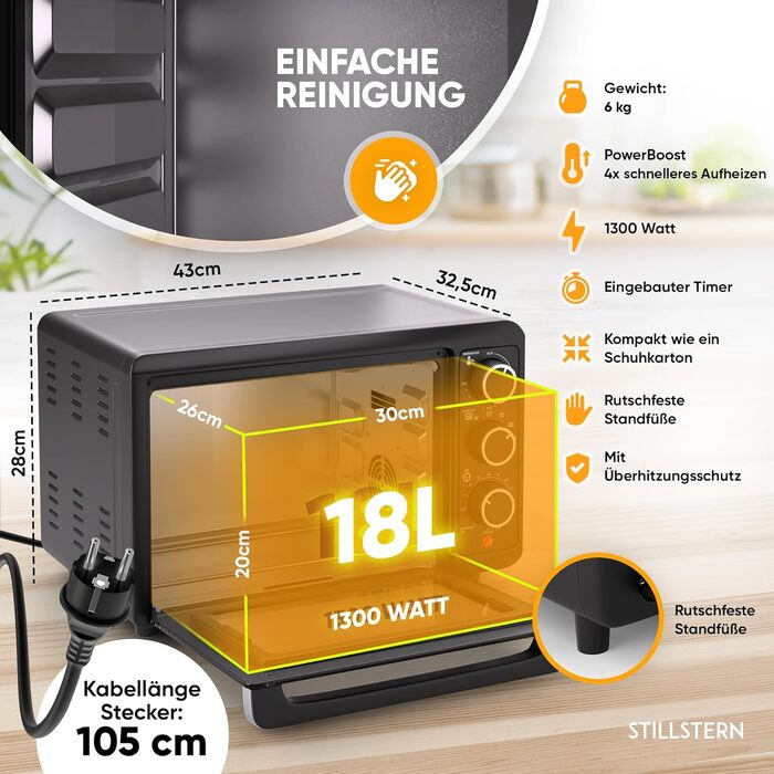 Міні-духовка Stillstern з конвекцією (18 л) Німецька версія, вставка для фритюрниці, деко, рукавиці, буклет з рецептами, внутрішнє освітлення, 1300 Вт, тостер гриль Піч для піци Міні-піч ідеально підходить для кемпінгу