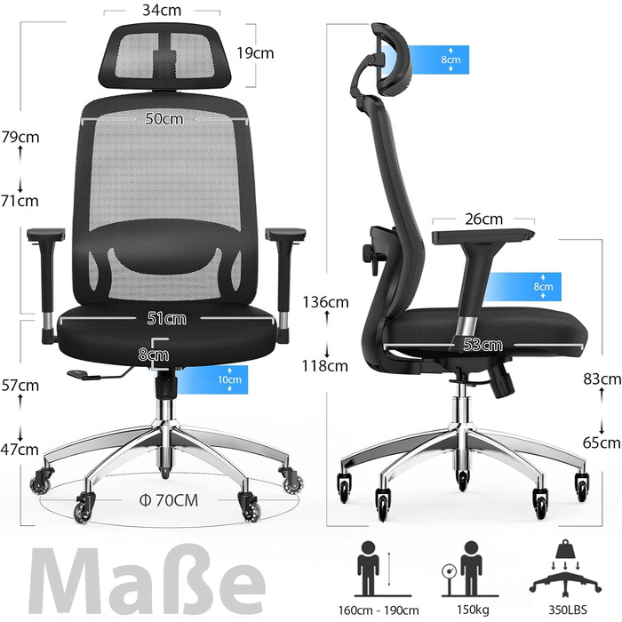 Ергономічне офісне крісло mfavour з гумовими колесами, 4D підлокітниками, регульованим підголівником та поперековою опорою, дихаюче сітчасте робоче крісло, металева основа, вантажопідйомність до 150 кг, чорний колір, 70 Г x 66 Ш x 134 В