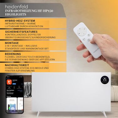 Інфрачервоний обігрівач та конвектор Heidenfeld HF-HP150 1000 Вт для площі до 25 м Гібридне опалення Керування за допомогою застосунку Дистанційне керування Сенсорна панель керування Інфрачервоний обігрівач з термостатом (HF-HP150 1000 Вт)