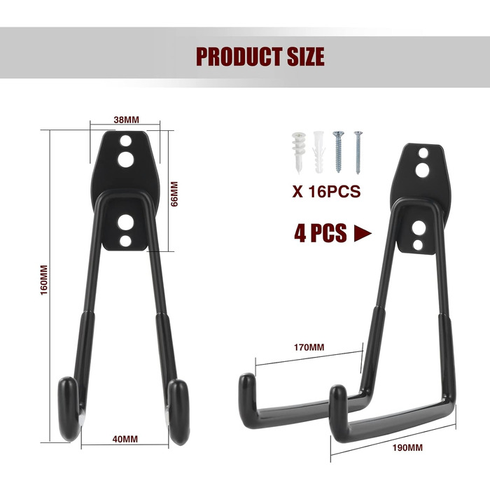 Настінні гачки для гаража, важкі гачки для гаража, подвійні гачки для гаража, гачки для зберігання в гаражі для організації драбини, шланга, велосипедів, електроінструментів насипу (великі, чорні), 4 шт.