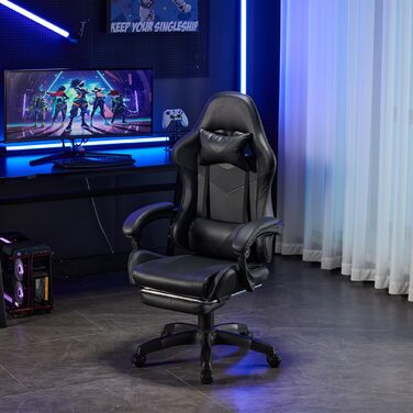 Шкіряне ігрове крісло, поворотне на 360 та ергономічне, з підголівником, поперековою опорою та підставкою для ніг, чорне