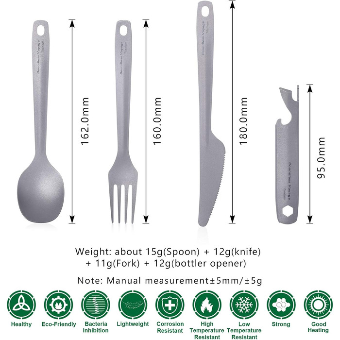 Набір титанових ножів, виделок, ложок та відкривачок для пляшок iBasingo, легкі столові прибори для використання на відкритому повітрі, набір столових приборів для кемпінгу, багаторазовий посуд, міцний, стійкий до іржі, портативний дорожній посуд Ti1066T