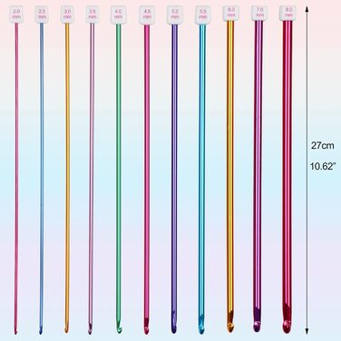 Туніські вязальні гачки, виготовлені з алюмінію, 27 см, набір легких туніських вязальних гачків з гладкою головкою для вязання та довгою ручкою, афганські гачки 2,08,0 мм для початківців, дорослих і професіоналів, 1
