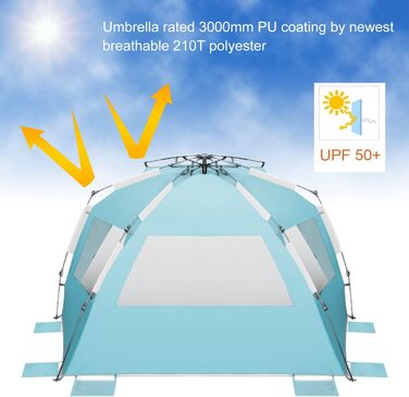 Пляжний намет Oileus XXL, сонцезахисний намет для 5-6 осіб, портативний сонцезахисний намет, миттєвий розкладний пляжний намет з сумкою для перенесення, кілочками, 6 мішками з піском, захист від ультрафіолету для риболовлі, походів, кемпінгу, небесно-блак