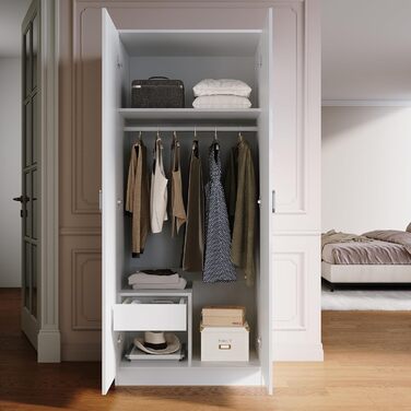 Шафа SONNI з дзеркальними дверима білого кольору, універсальна 2-дверна шафа для вашої спальні, 76 см (Ш) x 47 см (Г) x 180 см (В).