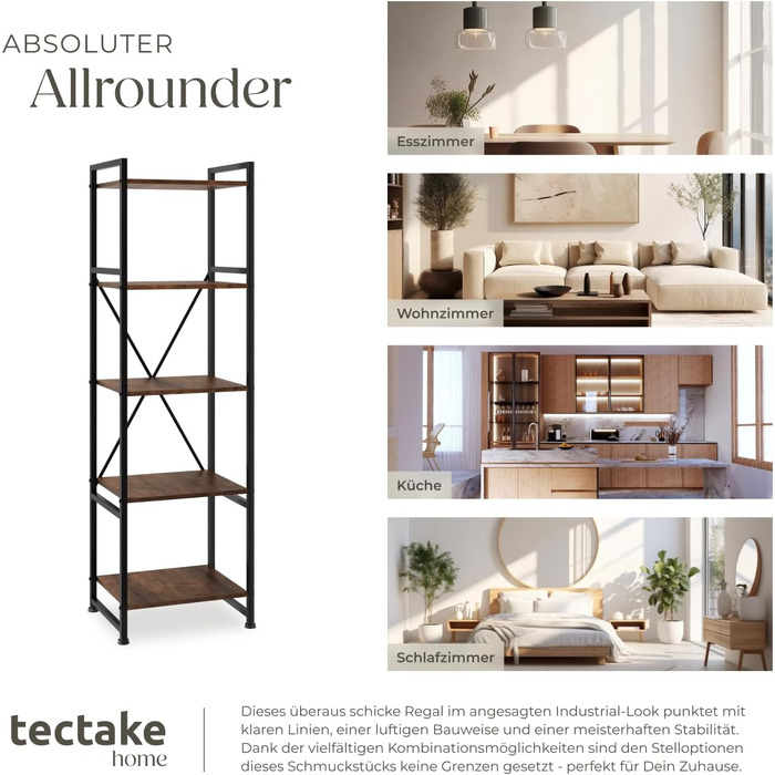 Книжкова полиця tectake Industrial Design, Відкритий стелаж з 5 полицями, Вінтажна окремостояча полиця із захистом від перекидання, Вузька полиця для офісу, вітальні, кухні, 47,5x34,5x151,5 см - Темне дерево в індустріальному стилі, Рустикальний темно-кор