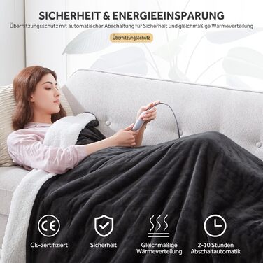 Електрична ковдра з автоматичним вимкненням, 1305180 iB Ковдра з підігрівом, 6 режимами нагріву та 10-годинним таймером, Felly Skay Електрична м&39яка ковдра для спальні, вітальні, офісу, сірого кольору, 130180 см