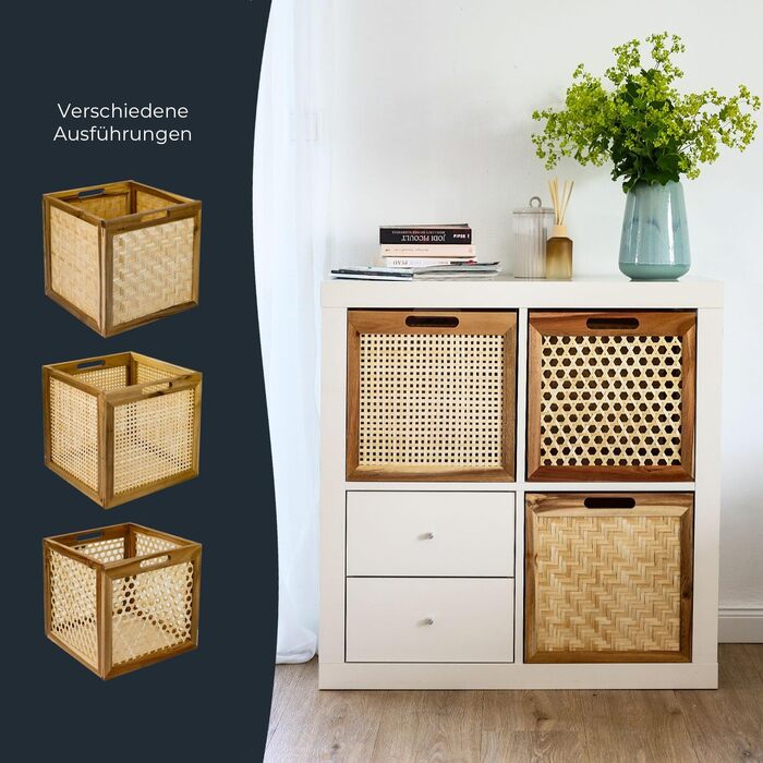 Кошик для зберігання HMF, що підходить для полиць Kallax, кошик з ротанга з віденським плетеним лозом та деревиною акації Візерунок 2 32 x 34 x 32 см