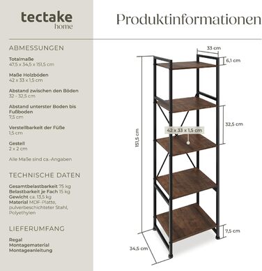 Книжкова полиця tectake Industrial Design, Відкритий стелаж з 5 полицями, Вінтажна окремостояча полиця із захистом від перекидання, Вузька полиця для офісу, вітальні, кухні, 47,5x34,5x151,5 см - Темне дерево в індустріальному стилі, Рустикальний темно-кор