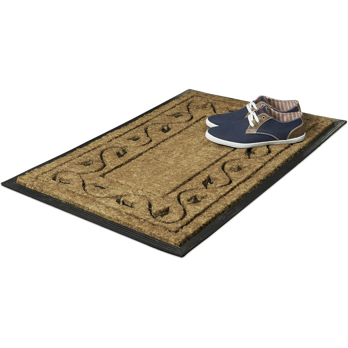 Великий килимок для дверей Relaxdays з натурального кокосу та нековзної ПВХ-гуми, підходить для використання всередині та зовні приміщень, з декоративним візерунком, екологічний прямокутний кокосовий килимок, розміри 2 x 90 x 60 см (В x Ш x Г), натуральни