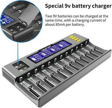 Сумісний з Li-ion 26650/22650/18650/18490/18350/17670/17500/17355/16340/14500/10440/AASA тощо AA/SC NI-MH та NiCdA, AA, AAA, SC., 12 Ladegert