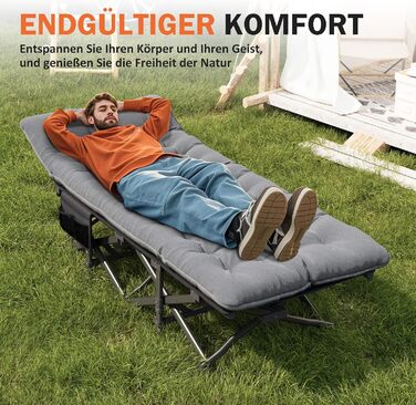 Розкладне кемпінгове ліжко, розкладне гостьове ліжко до 200 кг, з бічною кишенею, портативний кемпінговий шезлонг, для використання на природі, в саду, для подорожей, кемпінгу та в приміщенні (сіре)