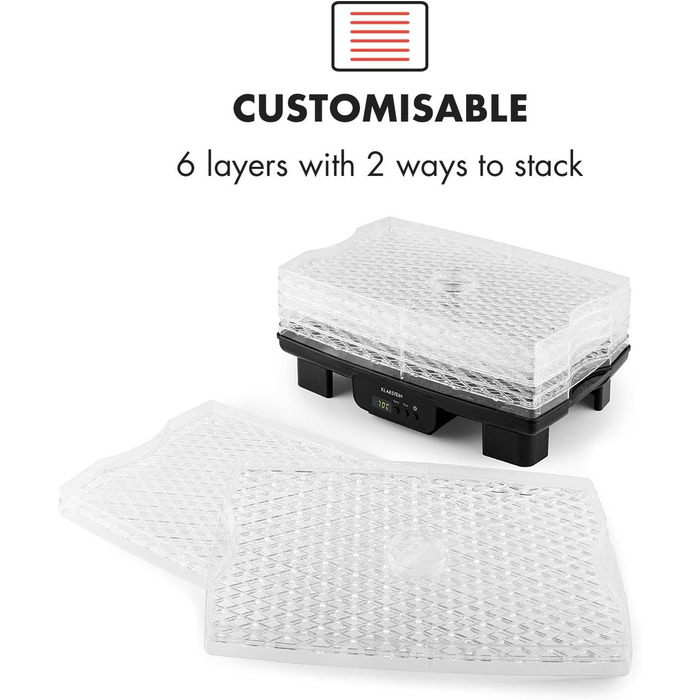 Дегідратор, дегідратор, сушарка для фруктів, м'яса та фруктів, 6 рівнів, штабельована, 550 Вт, регульована температура, робота з конвекцією, РК-дисплей, без бісфенолу А, чорний