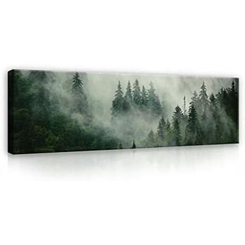Картини Панорама Ліс Туман зелена Природа 145 х 45 см - Сучасна спальня Пейзаж Великий полотно Полотно Картина настінний живопис Д