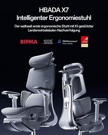 Інтелектуальне ергономічне крісло Hbada X7, офісне крісло, з повністю автоматичною поперековою опорою, регульованим підголівником 4D, регульованими підлокітниками 720, вентильованою подушкою сидіння, функцією повороту, сірим поліпропіленом