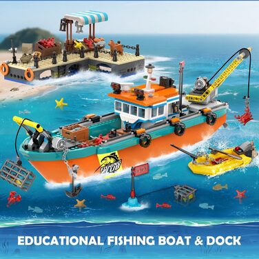 Конструктор HiWEEGO City Fishing Boat Shipyard Boat Construction Kit HG1047, 762 деталі, плавучий човен