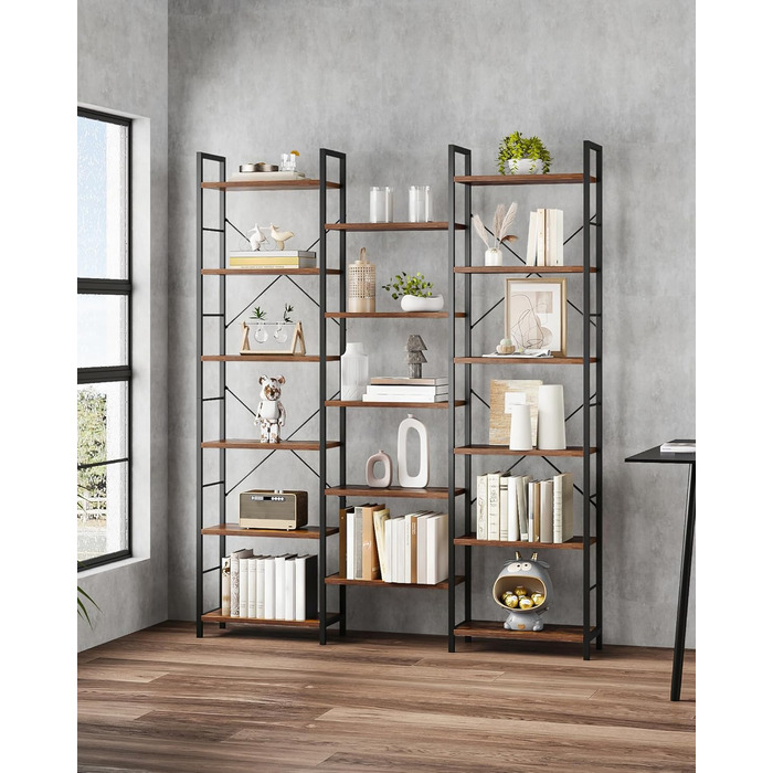 Книжкові полиці Hzuaneri, окремостоячий стелаж, полиця з 17 полицями, 6 ярусів, регульована відстань, 24 x 152 x 186 см, вантажопідйомність 340 кг, вітальня, офіс, вінтажний коричнево-чорний BC10101B