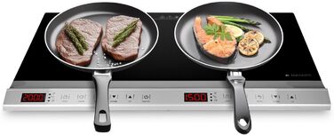 Подвійна індукційна плита Navaris 3500 Вт - 2 варильні поверхні з таймером Сенсорний дисплей Виявлення горщика - Портативна індукційна плита - Чорна
