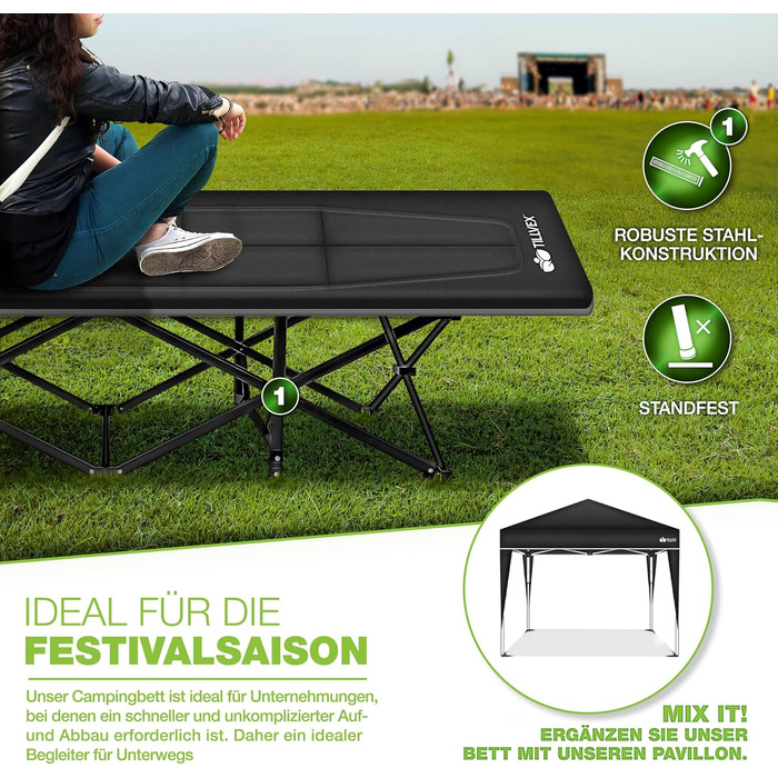 Складане кемпінгове ліжко tillvex з сумкою для перенесення, витримує до 200 кг Надзвичайно широке кемпінгове ліжко Ліжко для лову коропа для використання на вулиці та в приміщенні Складане гостьове ліжко для саду, кемпінгу, риболовлі, фестивалів, подороже