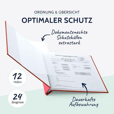 Папка для сертифікатів пастельна папка для документів DIN A4, папка для документів з кришкою, що загвинчується, і 12 прозорими кишенями, папка з лляної структури з 12 рукавами, приблизно 24 x 31,5 x 2 см (червоний), 36113