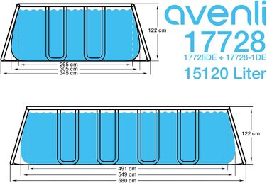 Басейн Avenli 549 x 305 x 122 см Наземний басейн зі сталевою рамою, повний набір із системою фільтрів із драбинами, підлогою та покриттям, прямокутний басейн із сірою рамою